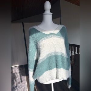 Staccato V-Neck Sweater - Teal and Cream Stripes